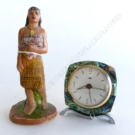 TWO FOLKART ITEMS. PLASTER WAHINE POSSIBLY 1970S H.140mm &  DECO PAUA  ALARM CLOCK H.75mm