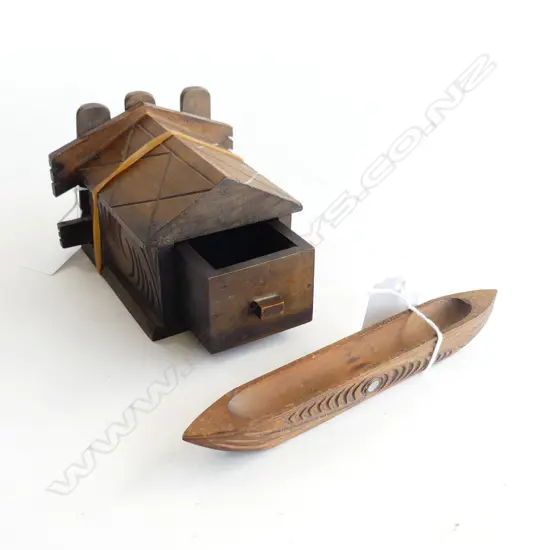 MAORI FOLKART TWO ITEMS. MINI WHARE WITH DRAWER W.120mm x & CARVED WAKA L. 90mm 