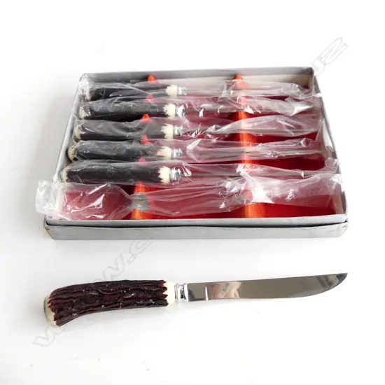 VINTAGE BOXED SET 6 EMPRESS STAINLESS STEEL & FAUX STAG HORN STEAK KNIVES