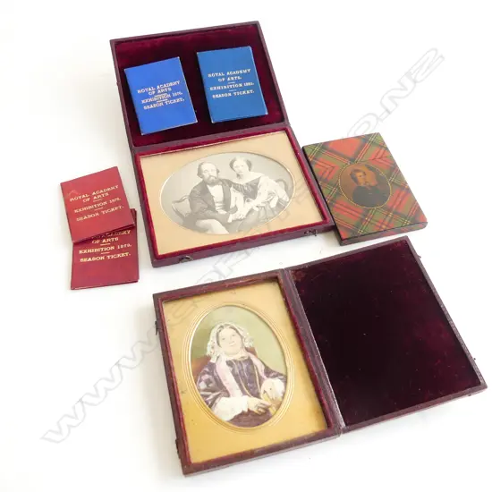 TWO VICTORIAN PHOTOS IN LEATHER CASES/MAUCHLINE TARTANWARE CARD CASE/4 19THC SEASON TICKETS TO ROYAL ACADEMY OF ARTS
