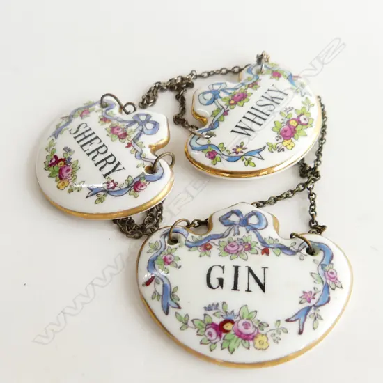 THREE DECANTER LABELS WHISKY, GIN & SHERRY BY ROYAL CROWN DERBY PORCELAIN
