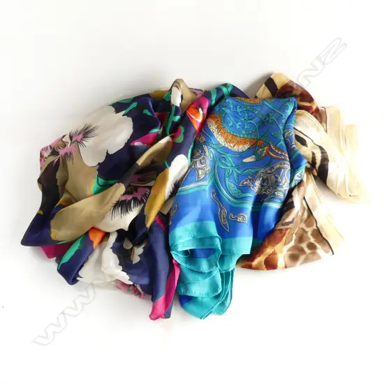 3 SILK SCARVES; HERMES (blue), KENZO (floral), ADRIENNE VITTADINI (animal print)