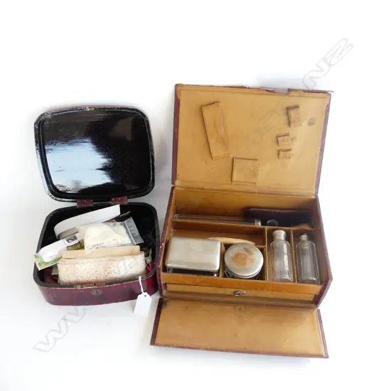 LEATHER VANITY CASE faulted & LACQUERED SEWING BOW W sewing items
