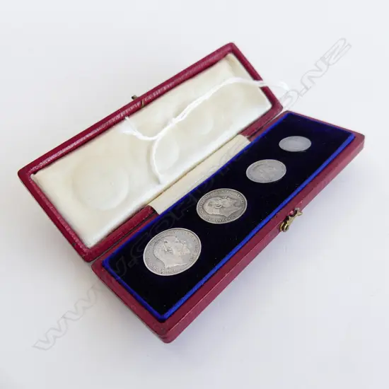 4 CASED SILVER COIN 1906 MAUNDY MONEY SET red leather & gilt dated case