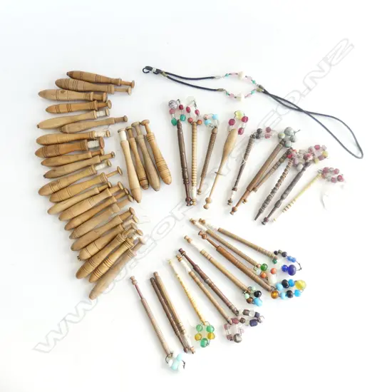 BOX OF TURNED WOOD LACE MAKERS BOBBINS w beads etc