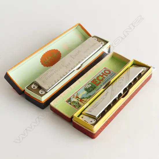 TWO VINTAGE GERMAN M. HOHNER HARMONICAS IN BOXES L. 170MM