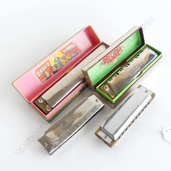 4 VINTAGE HARMONICAS; 2 BOXED W.160mm