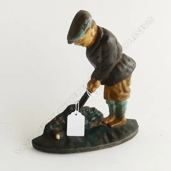 ANTIQUE CAST IRON DOORSTOP OF GOLFER H. 190MM
