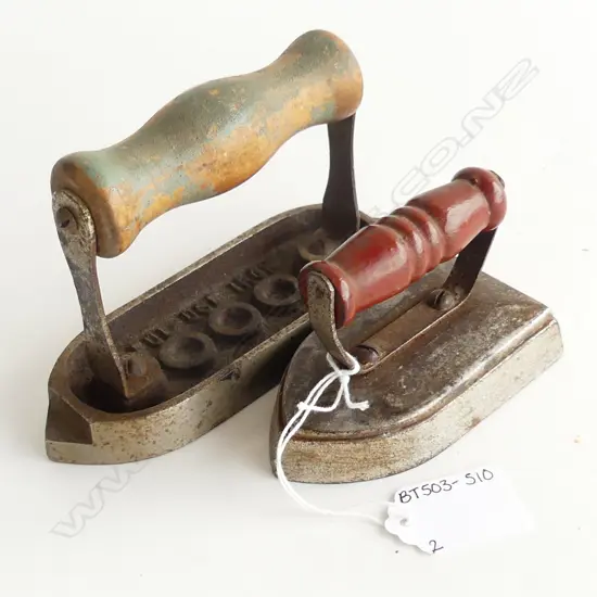 TWO SMALL IRONS – ONE LACE IRON AND ONE “BRITISH MADE FUL-USE IRON” L. 100MM L. 140MM