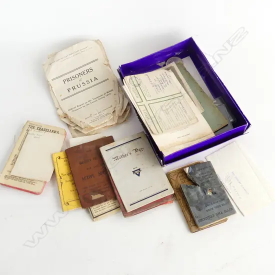 ORIGINAL WWI LETTER, PAY BOOKS, PSALM BOOK w. GUNSHOT DAMAGE ETC