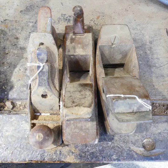 3 PLANES; 2 WOODEN L.250mm & 1 STEEL L.230mm EX. PAUL BROADBENT WORKSHOP