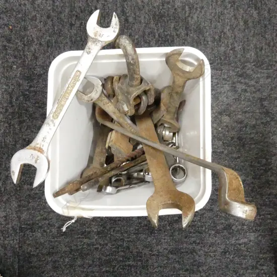 PLASTIC BUCKET OF SPANNERS HOOKS ETC EX. PAUL BROADBENT WORKSHOP