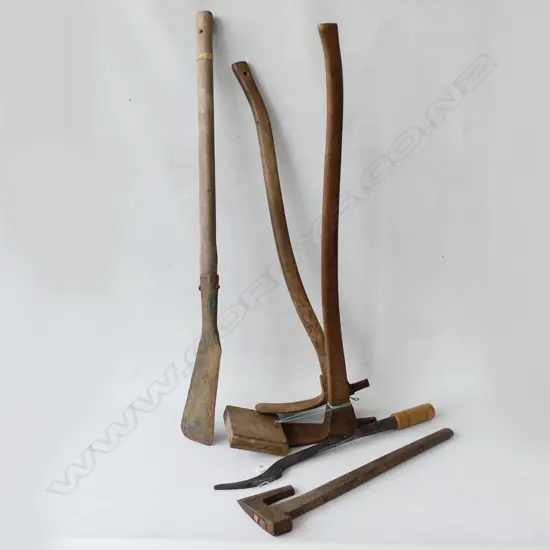 FIVE LONG HANDLED TOOLS. TWO GRUBBERS A TWO SLASHERS & AN AXE.