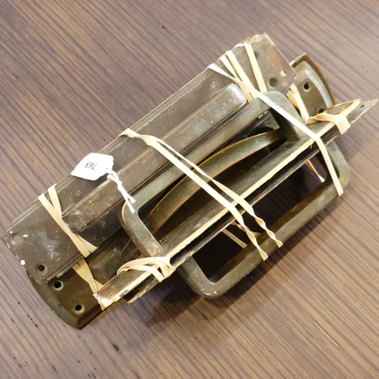 THREE PAIR DOOR PULLS. ONE PAIR BRASS NOUVEAU . L.295mm AND TWO DECO PAIR . L. 255mm