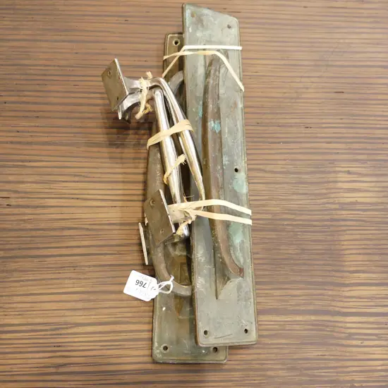 TWO PAIR DOOR PULLS. ONE PAIR COPPER. L.360mm & TWO CHROME .L.195mm