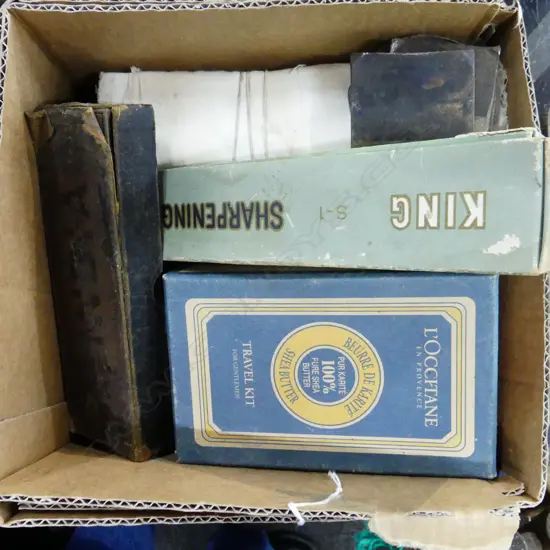 BOX LOT OF UNUSED  HINGES SHARPENING STONES AND FOUR BLADES.