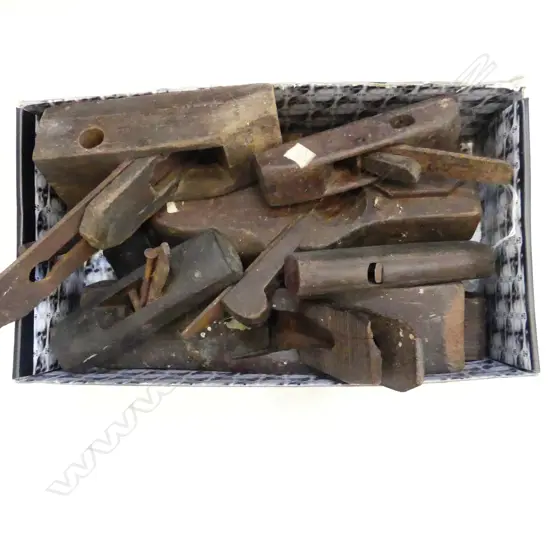 BOX LOT OF NINE WOODEN MOULDING PLANES & ONE SCRIBE.