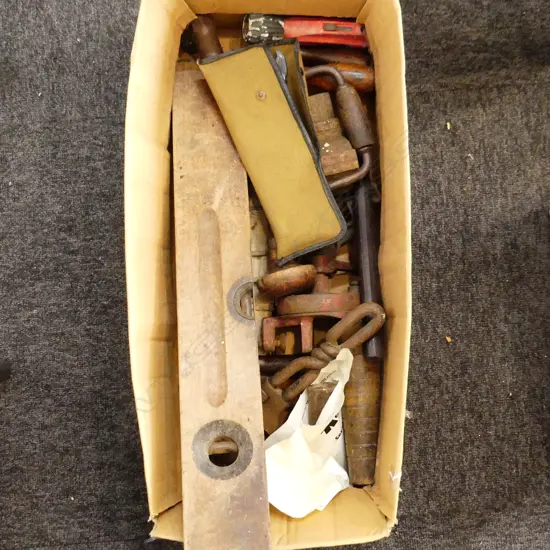 BOX LOT OF TOOLS. INCLUDES LGE LEVEL SMALL VICES SPOKE SHAVES (LGE) ETC. 