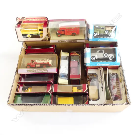 BOX OF 18 MODELS OF YESTERYEAR MATCHBOX CARS & 2  CHEVY TRUCKS