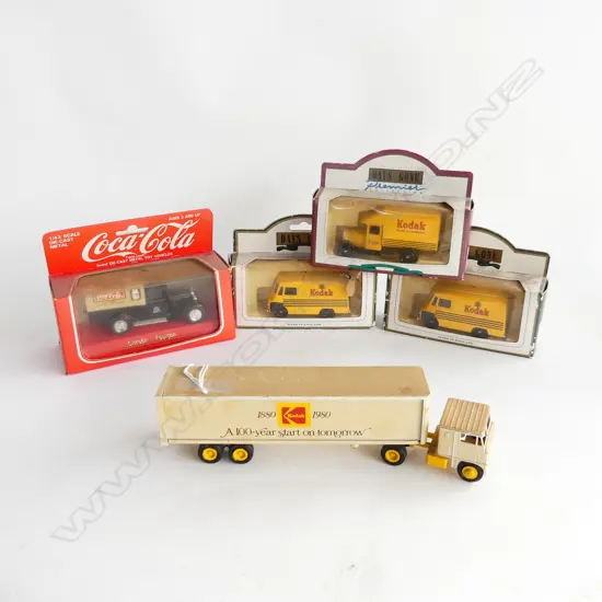5 DIE CAST CARS, 4 IN BOXES, INCL 3 KODAK & 1 COCA COLA  + 1 UNBOXED KODAK TRUCK (L230MM)