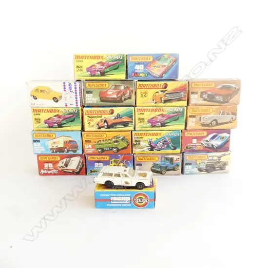 19 ASST. MATCHBOX MODEL VECHILES, ALL BOXED, PLAYWORN