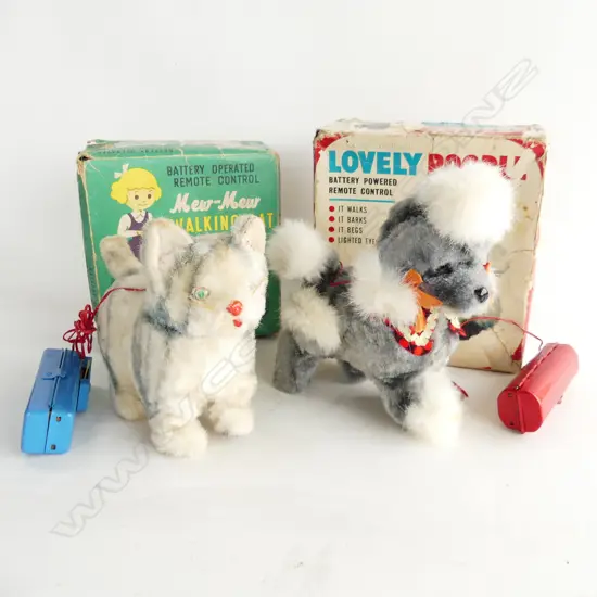 VINTAGE REMOTE CONTROL TOYS; MEW MEW WALKING CAT BY MASUDAYA & LOVELY POODLE BY YONEZAWA, BOTH IN ORIG. BOXES