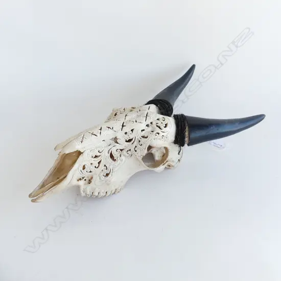 INDONESIAN CARVED HORNED GOAT SKULL H.370mm