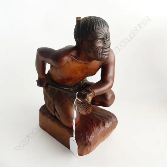 CARVED WOODEN CROUCHING MAORI WARRIOR FIGURE H.230mm wrist repaired
