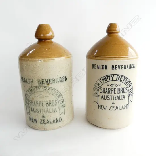 TWO STONEWARE CROCKS SHARPE BROS NZ & AUSTRALIA H. 330MM  
