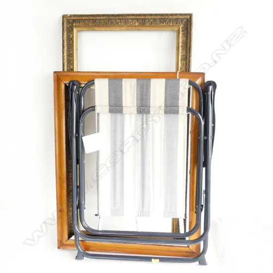 2 OLD FRAMES, 1 GILT, 1 WOOD,  & FOLDING OUTDOOR CHAIR 