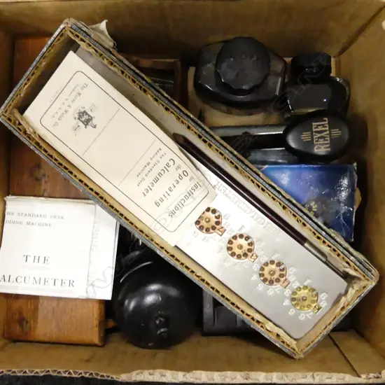 VINTAGE DESK EQUIPMENT; INK, BELL, STAPLER, CALCUMETER ETC