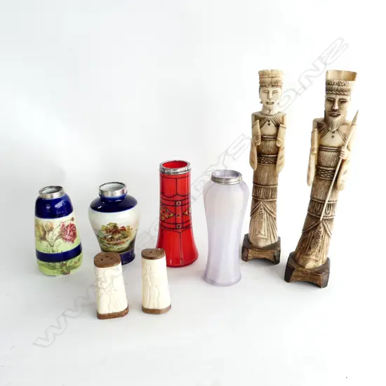 BOX LOT 4 STG RIMMED VASES, PR CARVED BONE FIGURES H.295mm