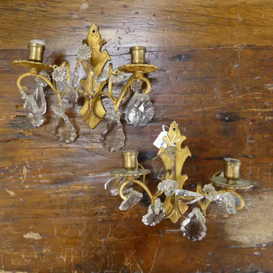 PR OF CAST GILT WALL CANDLE SCONCES WITH CRYSTAL DROPS H180MM
