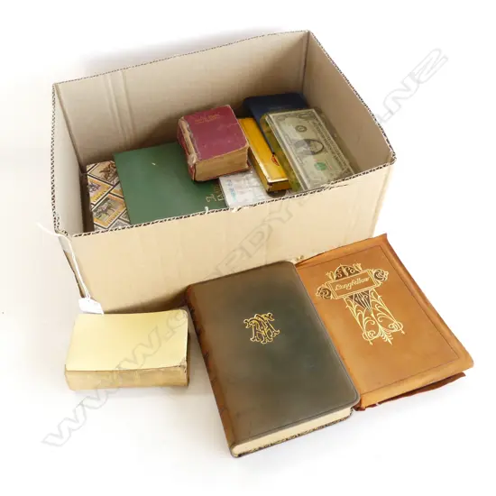 3 STAMP ALBUMS, ASST. WORLD NOTES & COINS, 4 ANTIQUE BOOKS