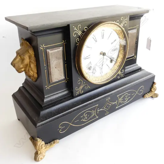 VICTORIAN ANSONIA MANTLE CLOCK WITH GOLD GILDED LIONS HEADS L. 410 H. 265MM
