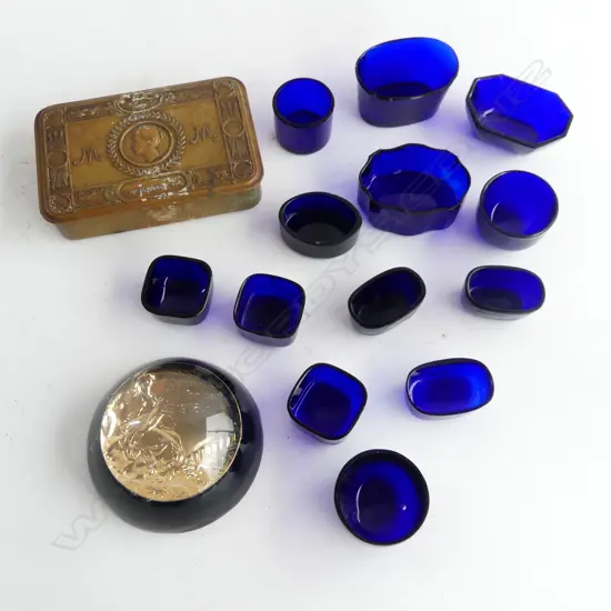 PRINCESS MARY XMAS 1914 TIN, PAPERWEIGHT, ASST. BLUE GLASS SALT LINERS