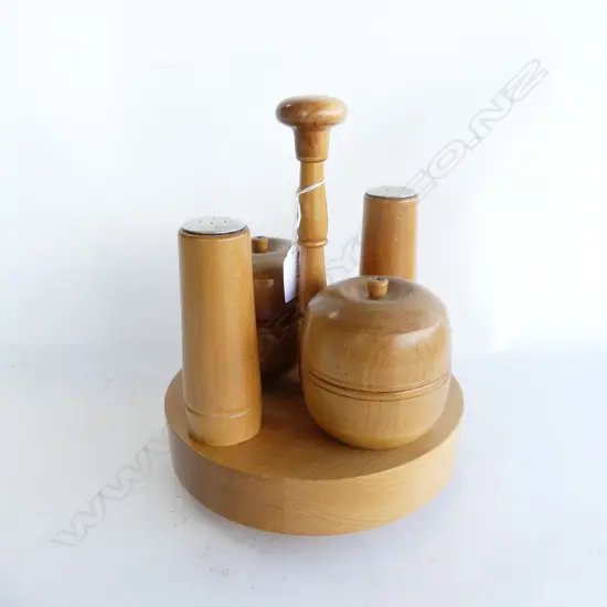 HAND TURNED KAURI CONDIMENT SET ON KAURI STAND 
