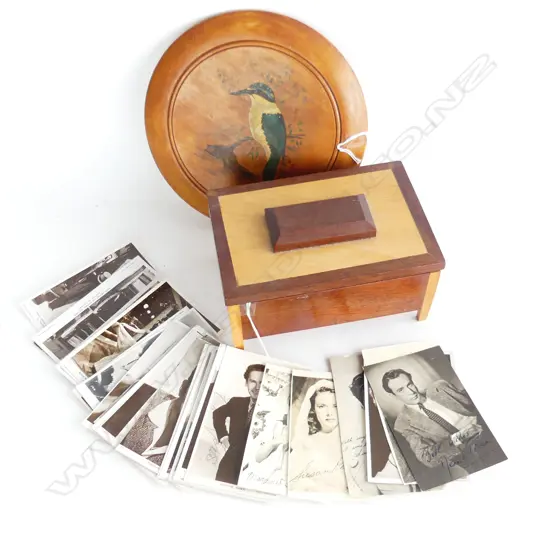 KAURI PLAQUE WITH HAND PAINT. KINGFISHER (D235MM) +VTG NZ TIMBERS BOX WITH 25 OLD CELEBRITY PHOTOS, SOME SIGNED