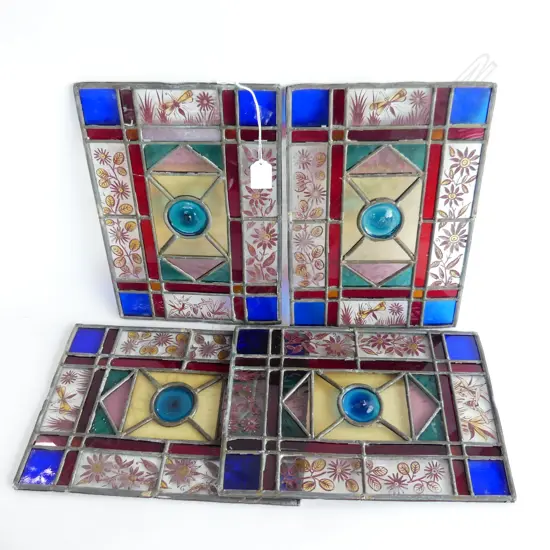 4 ARTS & CRAFTS STAINED & PAINTED LEADLITE GLASS PANELS 320 X 220mm maybe some faults