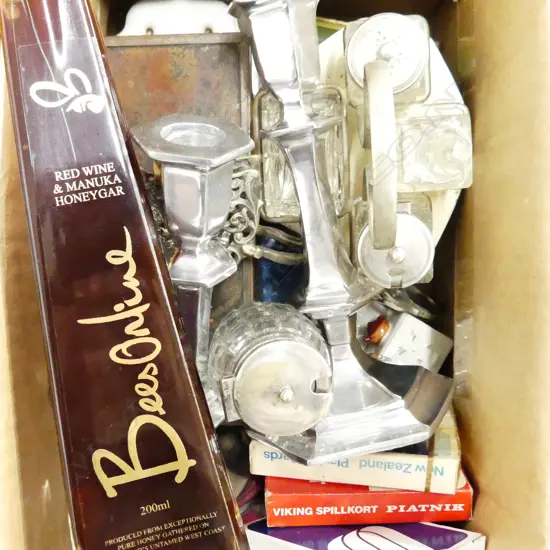 LOT ASST CRUET/BOX/CANDLE STICKS/STOPPERS/PAN AM PLAYING CARDS ETC