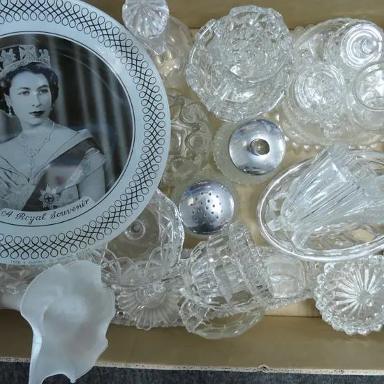 BIG BOX LOT ASST GLASS INCL DEPRESSION GLASS; BOWLS, VASES, DISHES, JARS, SUGAR DISPENSER ETC..