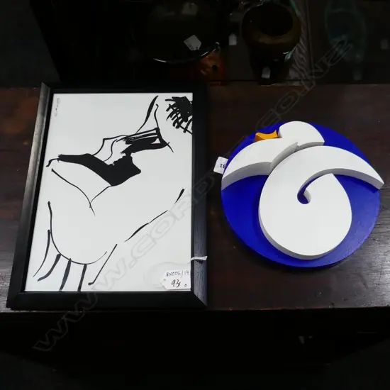 2 RHONDA GREIG ARTWORKS (NZ b.1940) WHITE BIRD SCULPTURE 1994, PAINTED MDF 205mm dia, NUDE 195x280mm