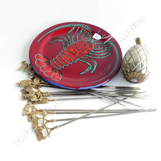 LG MORRIS & JAMES RED CRAYFISH PLATTER 370mm dia, SILVER PINEAPPLE, VINTAGE TURKISH SKEWERS L.400mm