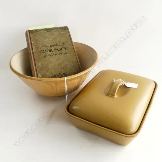 DENBY LIDDED DISH+ MIXING BOWL AND THE INSTITUTE COOK BOOK BY HELEN CRAMP