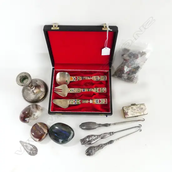 POLISHED STONES, STG CANDLESTICK, BOOT HOOKS, CASED 3 PCE SOLINGEN 'MERTENS' ENAMEL CUTLERY