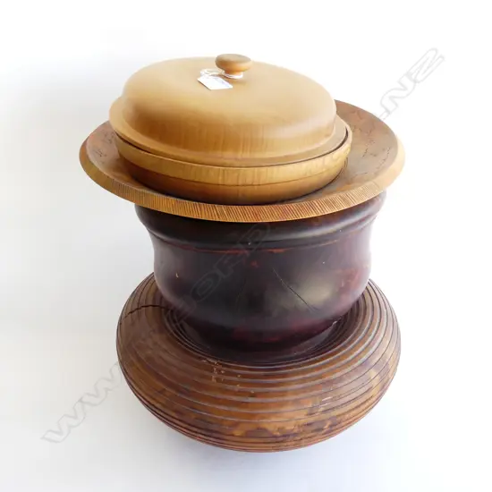 5 PCES TREEN; 4 TURNED WOODEN BOWLS 340mm dia + LIDDED CONTAINER 