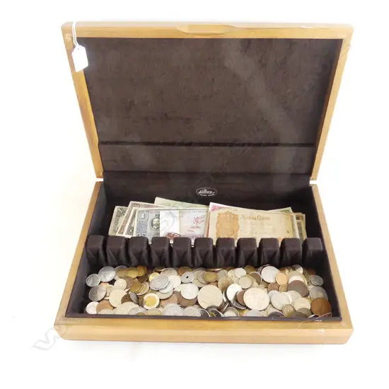 WOODEN CANTEEN CASE ASST. WORLD NOTES & COINS