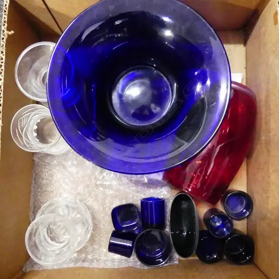 	SM BOX ASST GLASS, BLUE INKWELLS, RED GLASS VASE ETC..