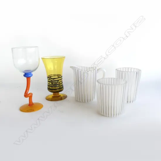 5 GLASS ITEMS: HOGLUND GOBLET + STEUBEN blown glass goblet & 3 ribbed opalescent pces 