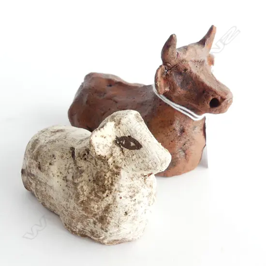 2 BRONWYNNE CORNISH SCULPTED POTTERY ANIMALS COW & SHEEP